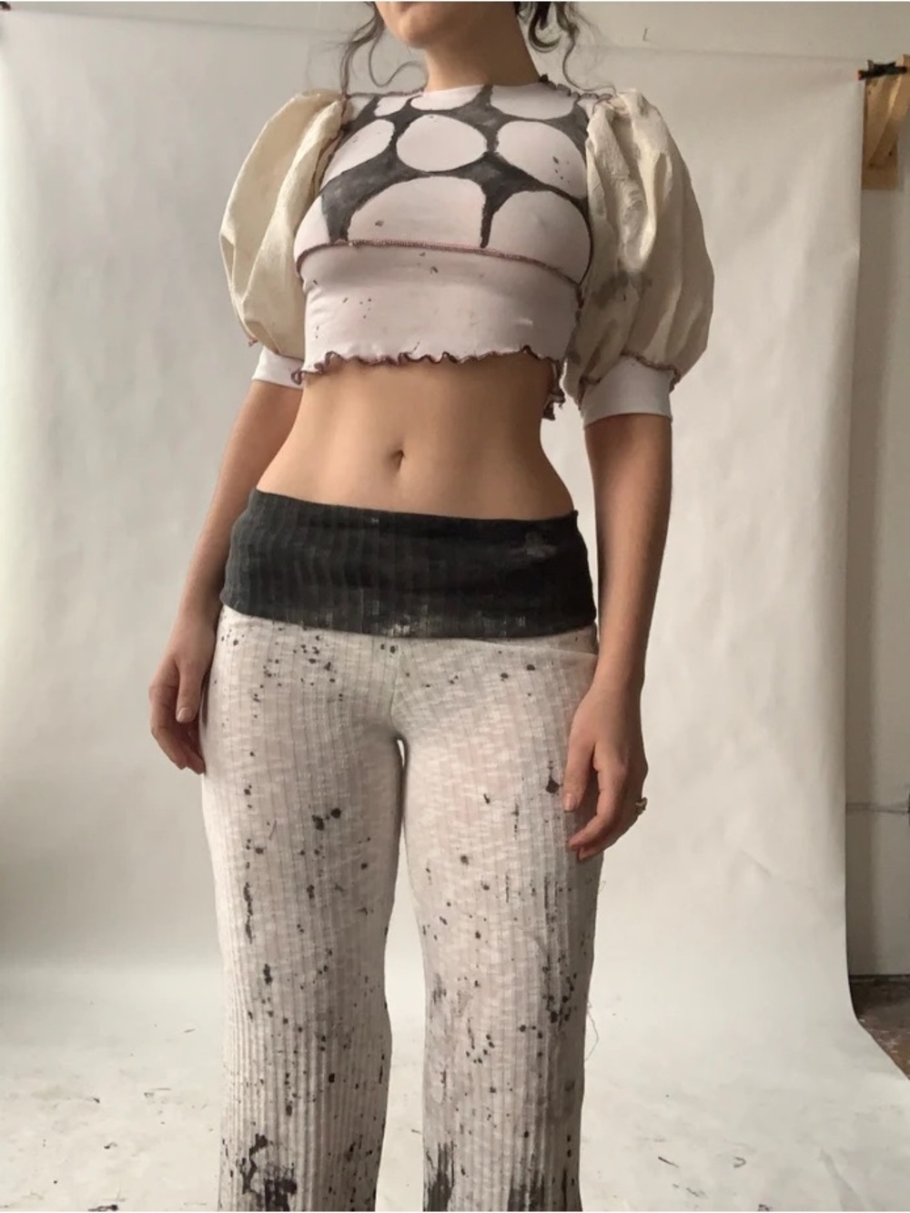 Ribbed Paint-Splatter Pants/Jumpsuit - Ivory, Black